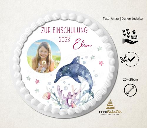 Tortenaufleger zur Einschulung "Delphin & Sterne" mit Foto & einem Wunschtext in Rosa