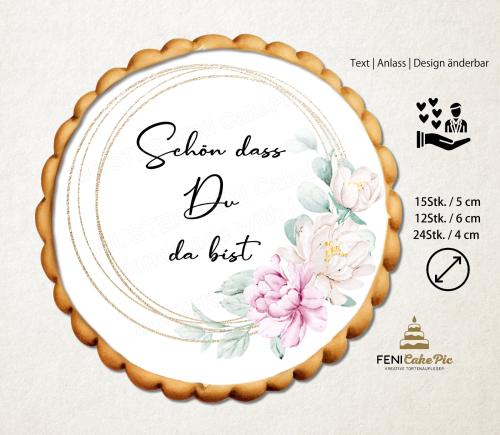 Muffinaufleger „Schön, dass du da bist“ mit Blumen & Rosen personalisiert