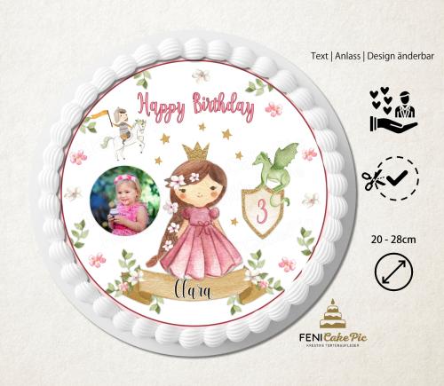Tortenaufleger zum Geburtstag "Ritter Prinzessin Drache" mit Foto und mit einem Wunschtext
