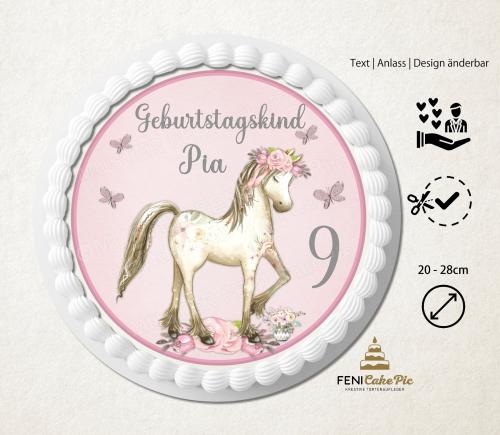 Tortenaufleger zum Geburtstag"Pferd & Schmetterlinge" personalisiert mit Text