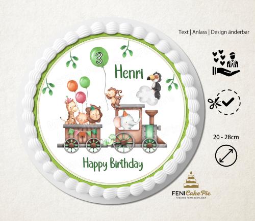 Tortenaufleger Geburtstag Dschungel-Motiv mit Geburtstagszug personalisiert
