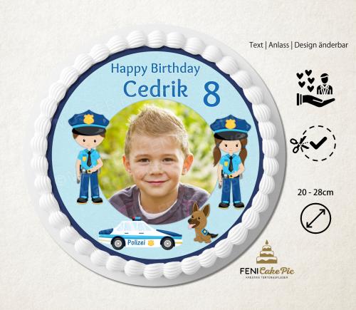 Tortenaufleger zum Geburtstag "Polizei" mit Foto und einem Wunschtext