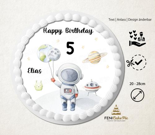 Tortenaufleger zum Geburtstag "Astronaut Weltall Planeten" einem Wunschtext