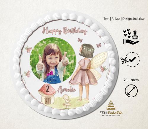 Tortenaufleger zum Geburtstag "Fee & Schmetterlinge" mit einem Foto und einem Wunschtext