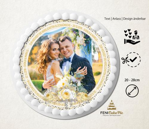 Tortenaufleger zur Hochzeit "gelbe Blumen" mit Foto & einem Wunschtext