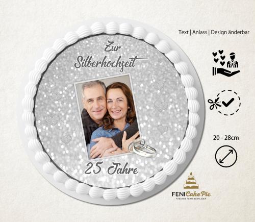 Tortenaufleger zur Hochzeit "silberne Ringe" mit Foto & einem Wunschtext