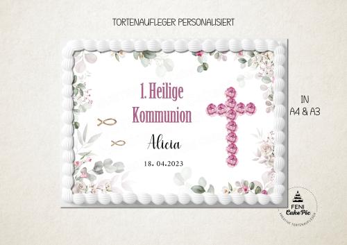 Tortenaufleger zur Kommunion "Kreuz Eukalyptus & rosa Rosen" personalisiert mit Text eckig Buchform