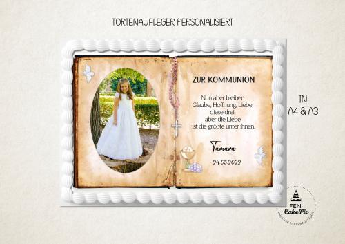 Tortenaufleger zur Kommunion "Kreuz Taube Kelch" personalisiert mit Text und Foto eckig Buchform