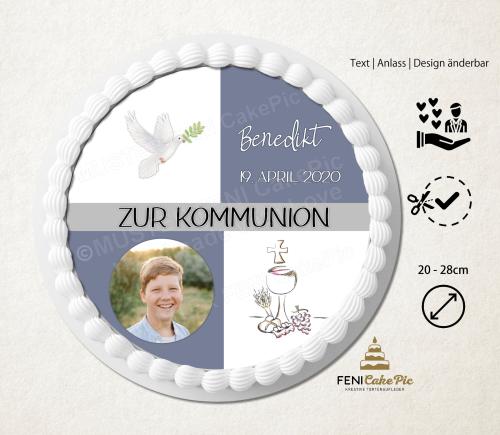 Tortenaufleger zur Kommunion "Kelch & Taube" personalisiert mit Foto, Name und Datum