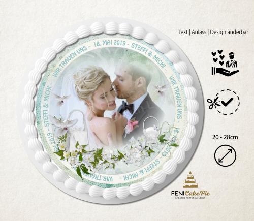 Tortenaufleger zur Hochzeit "Blumen & Taube" mit Foto & einem Wunschtext