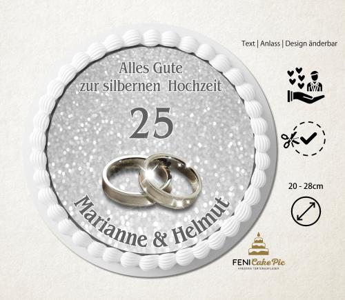 Tortenaufleger zur Hochzeit "Silberne Ringe" mit einem Wunschtext