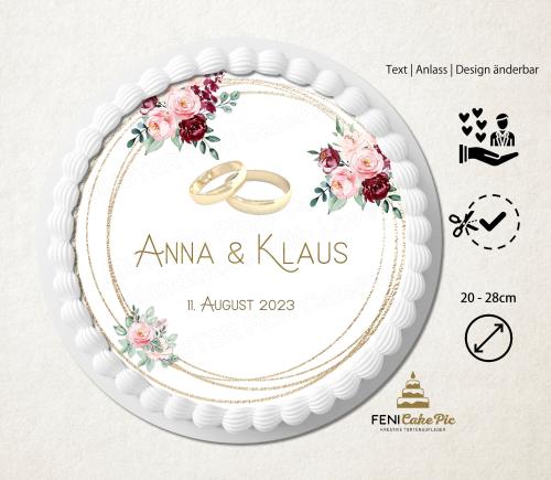 Tortenaufleger Hochzeit Blumen & Goldene Ringe personalisiert