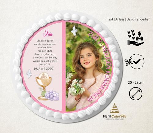 Tortenaufleger zur Kommunion "Kelch Taube Trauben" personalisiert mit Text und Foto in Rosa