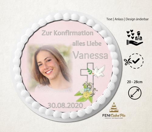 Tortenaufleger zur Kommunion "Kreuz & Taube" personalisiert mit Text und Foto