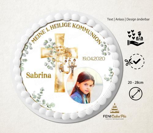 Tortenaufleger zur Kommunion "Kreuz aus Efeu & Blüten" personalisiert mit Text und Foto