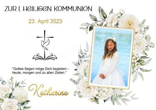 Tortenaufleger zur Kommunion "Kreuz & weiße Blumen" personalisiert mit Text und Foto eckig Buchform