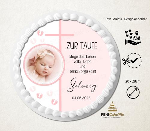 Tortenaufleger zur Taufe mit Regenbogen-Babyfuß-Kreuz-Motiv personalisiert