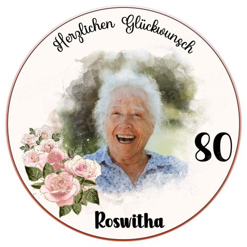 Personalisierte Tortenaufleger für Frauen, Mütter und Omaszum Geburtstag "Blumenrand & Blüten" mit Foto und einem Wunschtext