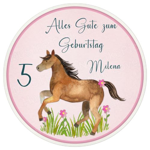 Tortenaufleger zum Geburtstag "Pferd & Blumen" in Rosa mit einem Wunschtext