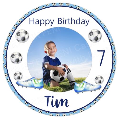 Tortenaufleger zum Geburtstag "Fußball" mit einem Foto und einem Wunschtext