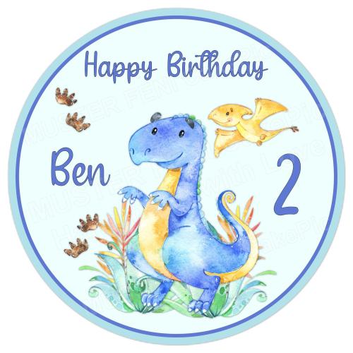 Tortenaufleger zum Geburtstag "Dinosaurier" in Blau mit einem Wunschtext