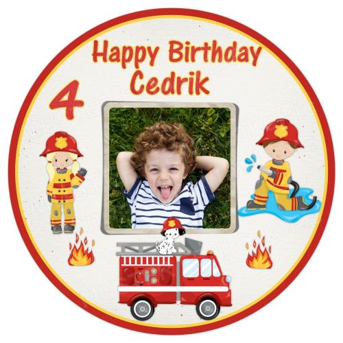 Tortenaufleger zum Geburtstag "Feuerwehr" personalisiert mit einem Foto und Text