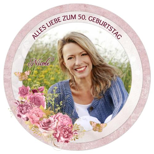 Tortenaufleger zum Geburtstag "rosa Rosen & Blüten" mit Foto & einem Wunschtext