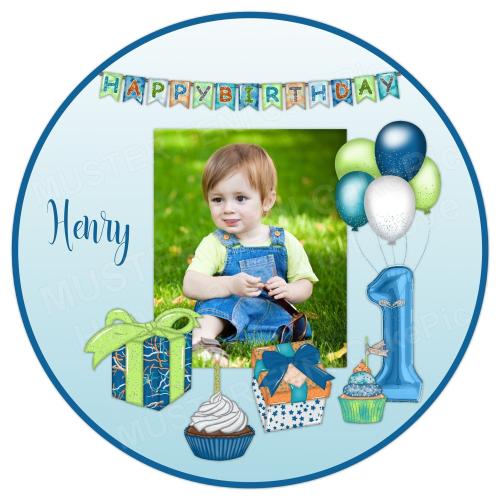 Tortenaufleger zum Geburtstag "Luftballon & Wimpelkette" personalisiert mit Text und einem Foto in Blau