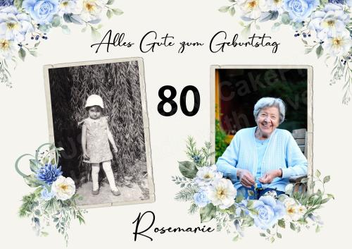 Tortenaufleger zum Geburtstag "blaue Rosen" personalisiert mit Text und 2 Fotos eckig Buchform