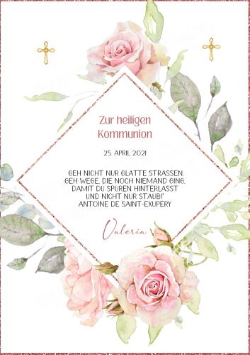 Tortenaufleger zur Kommunion "Kreuz Rosen & Blüten" personalisiert mit Text in Rosa eckig Buchform
