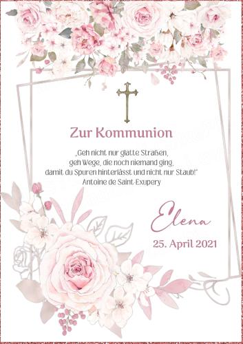 Tortenaufleger zur Kommunion "Kreuz & Blüten" personalisiert mit Text in Rosa eckig Buchform