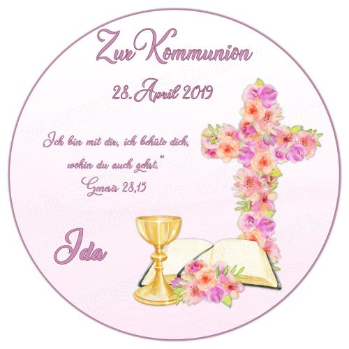 Tortenaufleger zur Kommunion "Zitat Kreuz Kelch Blüten" personalisiert mit Text