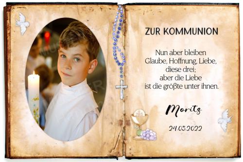 Tortenaufleger zur Kommunion "Taube & Rosenkranz" mit Text und Foto Buchform in Braun