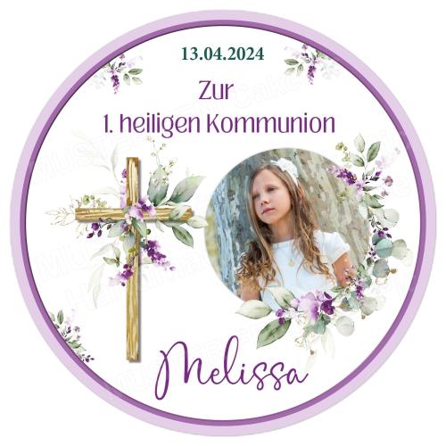 Tortenaufleger Kommunion Mädchen mit Kreuz und lila Blüten personalisiert