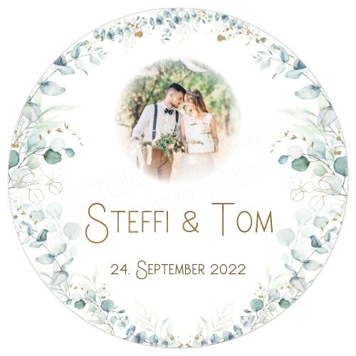 Personalisierter Tortenaufleger für Hochzeit mit Foto, Name, Datum und Eukalyptus