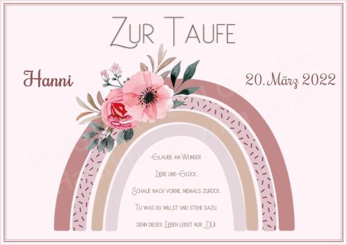 Tortenaufleger zur Taufe "Regenbogen & Blüten" Boho Style personalisiert mit Text eckig Buchform in Rosa