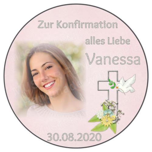 Tortenaufleger zur Kommunion "Kreuz & Taube" personalisiert mit Text und Foto