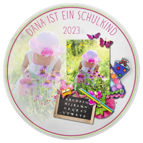Tortenaufleger zur Einschulung "Schultafel, Blumen & Schmetterlinge" mit Foto & einem Wunschtext in Rosa