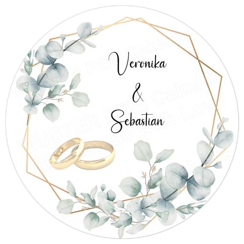 Tortenaufleger Hochzeit Eukalyptus goldene Ringe personalisiert
